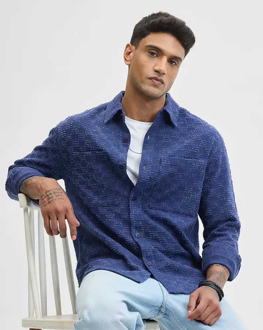 Dark Blue Textured Relaxed Fit Overshirt